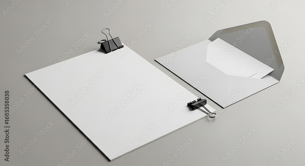 Aufkleber blank white paper and envelope rest on a gray surface with binder clips, creating a clean and minima