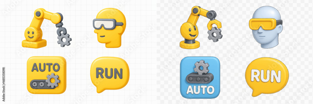 Poster robotic arm and human head icons with automation and run symbols. modern 3d icon set