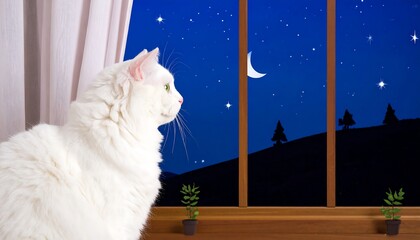 White cat looking out a window at night