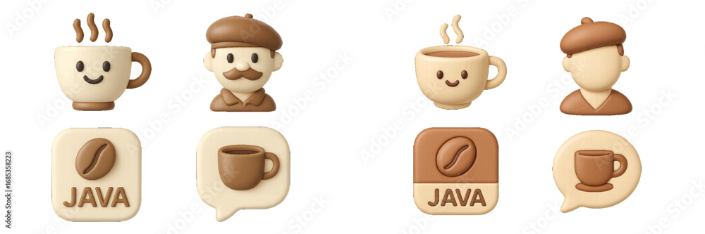 Poster coffee cups and stylized characters with beans and text. modern 3d icon set