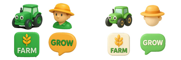 Obraz na płótnie Canvas Green tractor and farmer with farm and growth icons. Modern 3D Icon Set