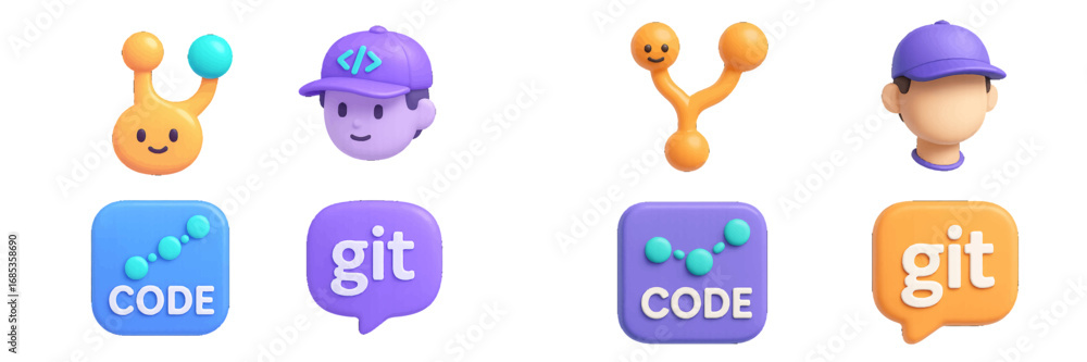Aufkleber 3d characters and icons for coding and git version control. modern 3d icon set