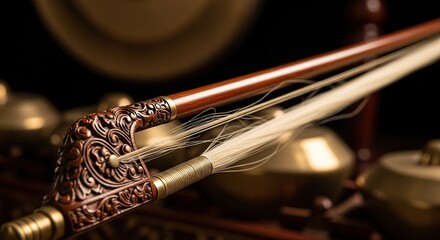 Obraz premium Exquisite Carved Wooden Bow with Horsehair Detail for Traditional String Instrument, Highlighting Artistic Craftsmanship