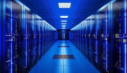 A long hallway filled with server racks, illuminated by blue lights, creating a futuristic and technological atmosphere.