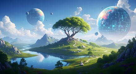 Surreal digital painting of a solitary ancient tree on a grassy hill with serene rivers and futuristic planets in the sky