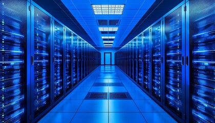 Rows of gleaming servers fill a modern data center, illuminated by cool blue light.