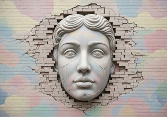 Ancient greek sculpture of a woman s face emerging from a textured wall