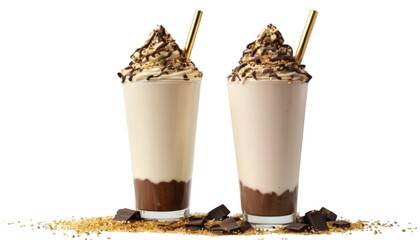 Decadent Milkshake: Two exquisite milkshakes, adorned with rich toppings and a hint of elegance, are presented on a natural background for a delightful display.