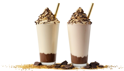 Decadent Milkshake: Two exquisite milkshakes, adorned with rich toppings and a hint of elegance, are presented on a natural background for a delightful display.
