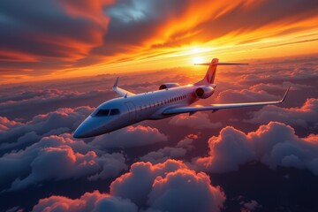Fototapeta premium A private jet flies through clouds at sunset with dramatic orange sky airplane