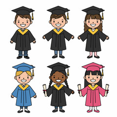 Cute diverse cartoon children celebrating graduation in caps and gowns, holding diplomas, illustrating academic achievement and educational milestones.