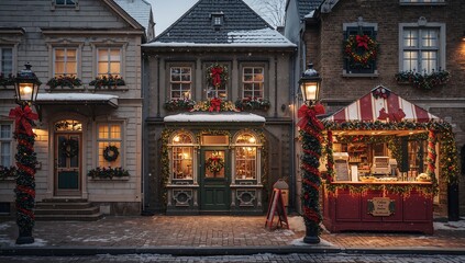 Cozy Christmas street with decorated storefront and lamppost, snowy winter village at night