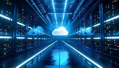 A futuristic server room, illuminated by vibrant blue lights, features rows of data storage units leading to a central cloud icon.