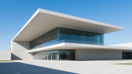 Fototapeta premium Modern Architectural Building with Glass Facade and Overhanging Roof