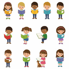 Diverse cartoon children happily reading books, promoting education, literacy, and imaginative learning across various backgrounds.