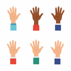 Diverse group of raised hands, featuring various skin tones and colored sleeves, symbolizing unity, participation, and community.