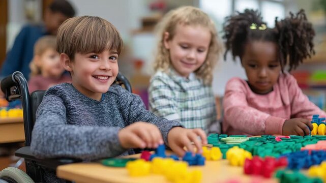 A boy in a wheelchair plays at the school table with his buddies. Happy kids play with bright toys.
