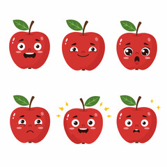 Cute cartoon red apple characters expressing a variety of emotions including joy, surprise, sadness, and confusion.