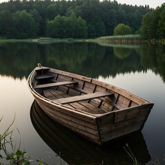 Obraz premium An old wooden rowboat drifts peacefully on a calm, reflective lake surrounded by a lush green forest, embodying tranquility and solitude