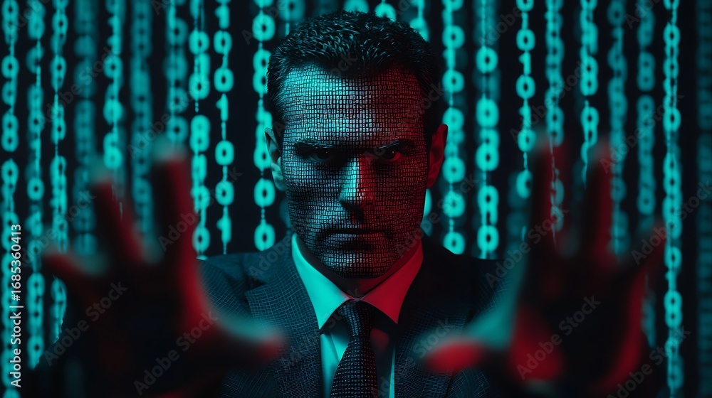 Poster a digital representation of a man surrounded by binary code, conveying themes of technology and data