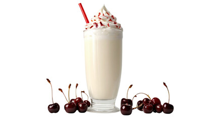Cherry Milkshake Delight: A creamy milkshake is garnished with a swirl of whipped cream and fresh cherries, with the bright red straw adding a pop of color.