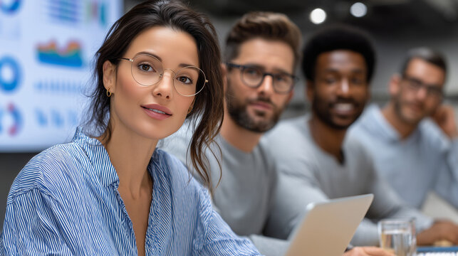 The image shows a group of professionals in a modern office setting during a meeting. In the foreground, a woman wearing glasses and a striped shirt looks confidently at the camera while sitting with 