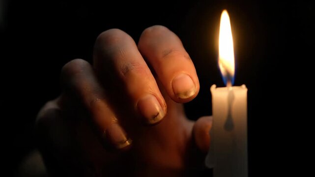 Holding a Lit Candle for Spooky Halloween Atmosphere in the Dark, Hand Illuminated by Flickering Flame Creates Eerie Mood