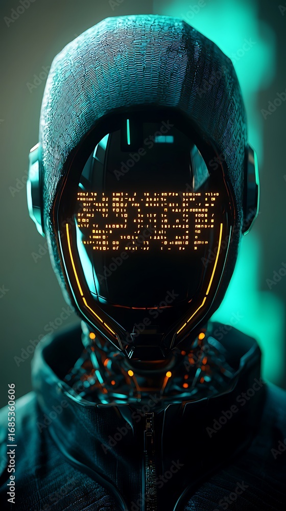 Poster a futuristic robot with a sleek design and illuminated face, showcasing advanced technology and a cy