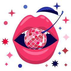 Vector illustration of disco cherry in women lips. Fashion beauty design for party, poster, print, nightlife music event