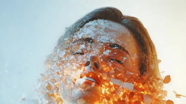 Woman exploding into golden particles with closed eyes