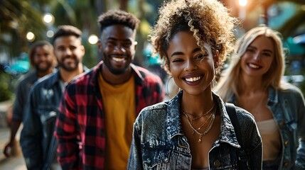 Group of diverse young adults walking and laughing on a boardwalk at sunset with city lights behind, perfect for travel ad, youth lifestyle blog