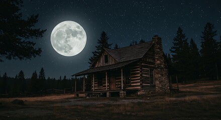 Spooky and atmospheric scene of an old secluded log cabin in the woods illuminated by the mystical glow of a full moon