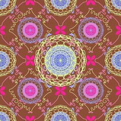 seamless floral pattern,green, pink, purple curves and painted to create flowers shape,leaves with brown background in geometric patterns to as sarong,tile,printed fabric,batik,fabric,tablecloth 