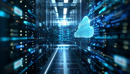 Cloud computing illustration with a digital cloud symbol floating in a server room filled with data racks and blue lighting.