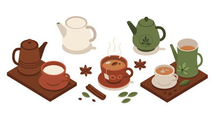 Isometric tea and coffee set with teapots, cups, and spices in cozy tones