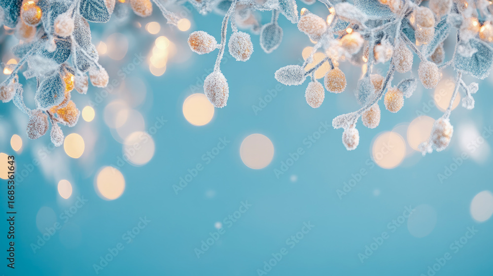 Poster sparkling frosted winter branches adorned with golden berries illuminated by warm bokeh lights on ge