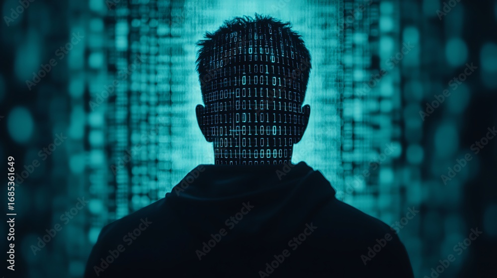 Poster a silhouette of a person against a backdrop of binary code, symbolizing the intersection of technolo