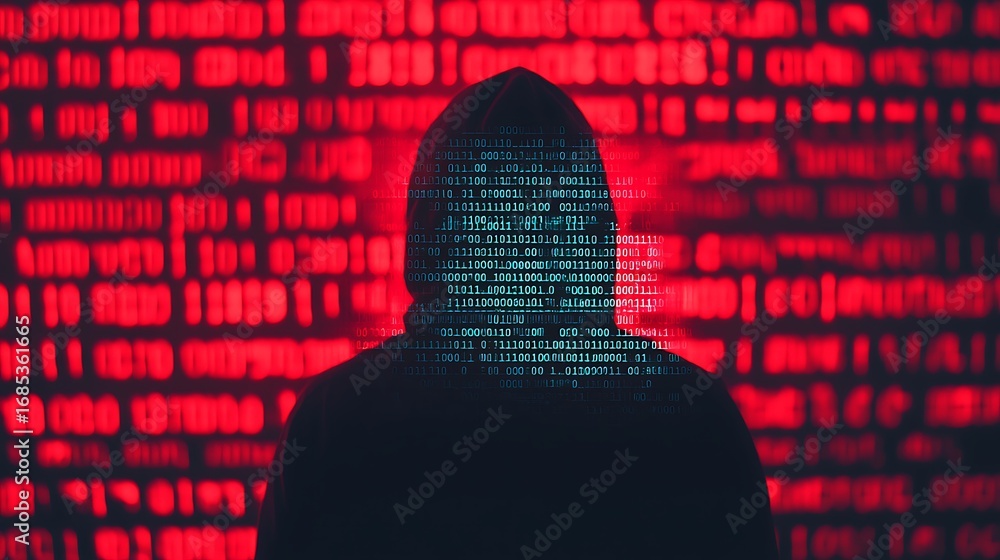Poster a mysterious figure in a hoodie blends with binary code against a red backdrop, evoking themes of cy