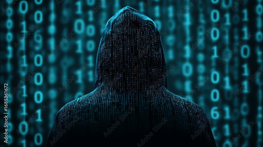Poster a mysterious figure in a hooded sweatshirt stands against a backdrop of cascading binary code, symbo