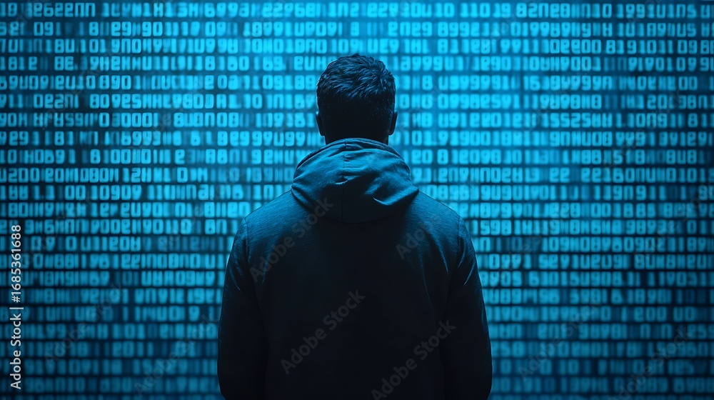 Poster a figure stands before a wall of binary code, symbolizing the intersection of technology and human e