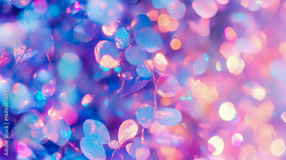 Poster dreamy iridescent foliage bathed in magical bokeh lights, creating vibrant abstract background with 