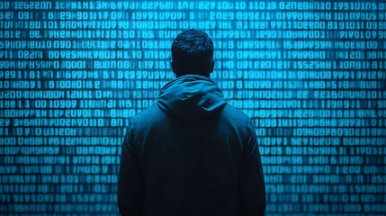 A figure stands before a wall of binary code, symbolizing the intersection of technology and human experience in the digital age.