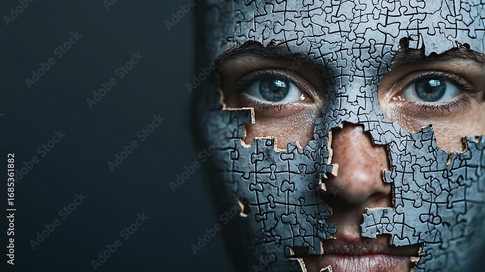 Poster a surreal portrait featuring a face composed of puzzle pieces, symbolizing complexity and identity, 