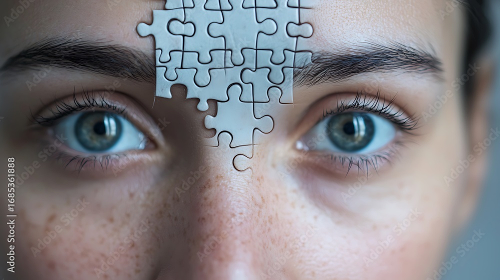 Poster a close-up of a person's face with a puzzle piece positioned on their forehead, symbolizing the comp