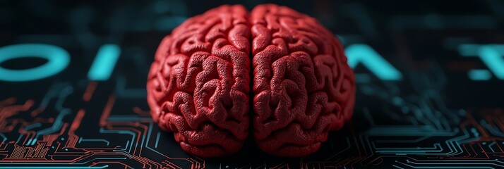 A close-up of a red brain on a circuit board background, symbolizing the intersection of neuroscience and technology.