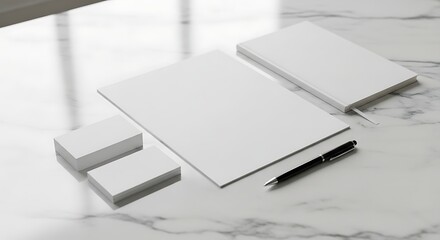 Blank stationery arranged on marble surface displays clean and minimalist aesthetic, perfect for branding mockups and professional presentations, conveying elegance and simplicity.
