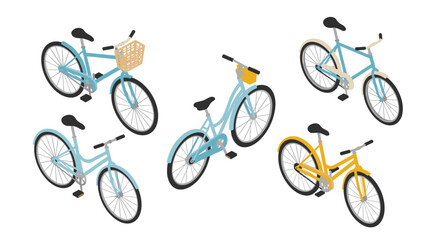Colorful isometric bicycles collection with wicker basket and dynamic designs