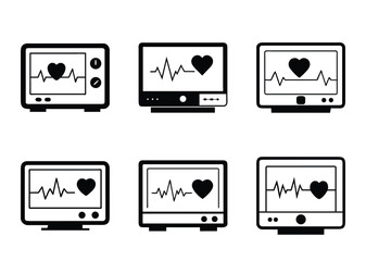Collection of heart monitors displaying EKG rhythm with heart symbol graphic