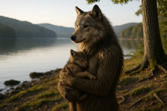 Mother Werewolf holds Pup by Scenic Lake, Illustration of Peaceful Canine Cryptid