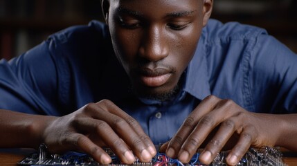 Young male engineer focused on electronic circuit board assembly with wires and components in a creative workspace